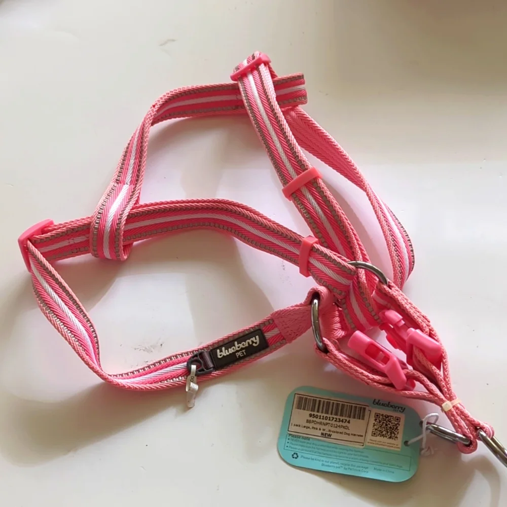 NWT Blueberry Pink & White Striped Reflective Dog Harness Size Large